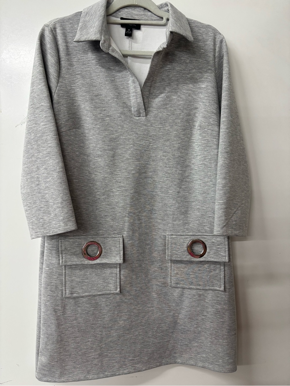 MSK Gray Collared Casual Knit Dress with Grommet Pocket Details